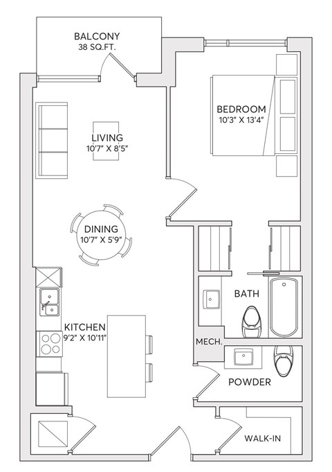 A floor plan of an apartment with a living room, dining room, kitchen, and bathroom.